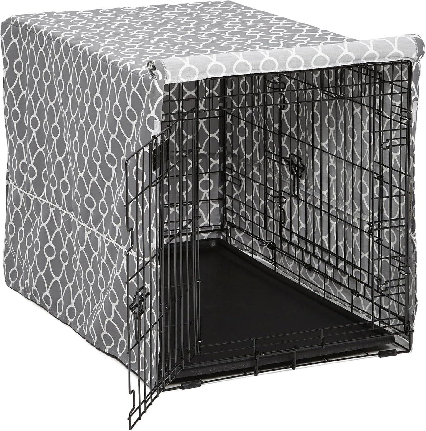 Dog Crate Cover with Teflon Fabric Protector, Poly-Cotton Privacy Kennel Cover Fits Most 36-Inch Crates, Gray Designer Print, Washable, Reduces Barking