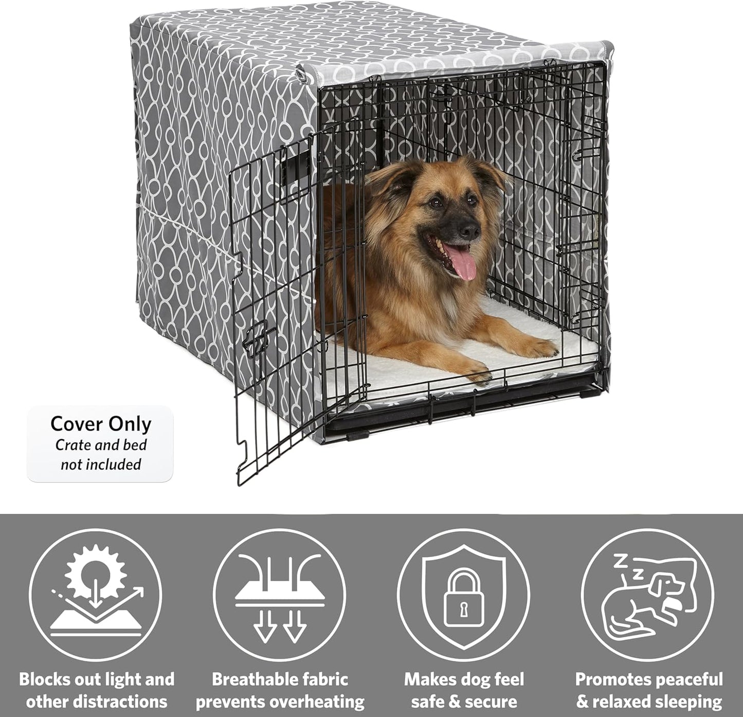 Dog Crate Cover with Teflon Fabric Protector, Poly-Cotton Privacy Kennel Cover Fits Most 36-Inch Crates, Gray Designer Print, Washable, Reduces Barking