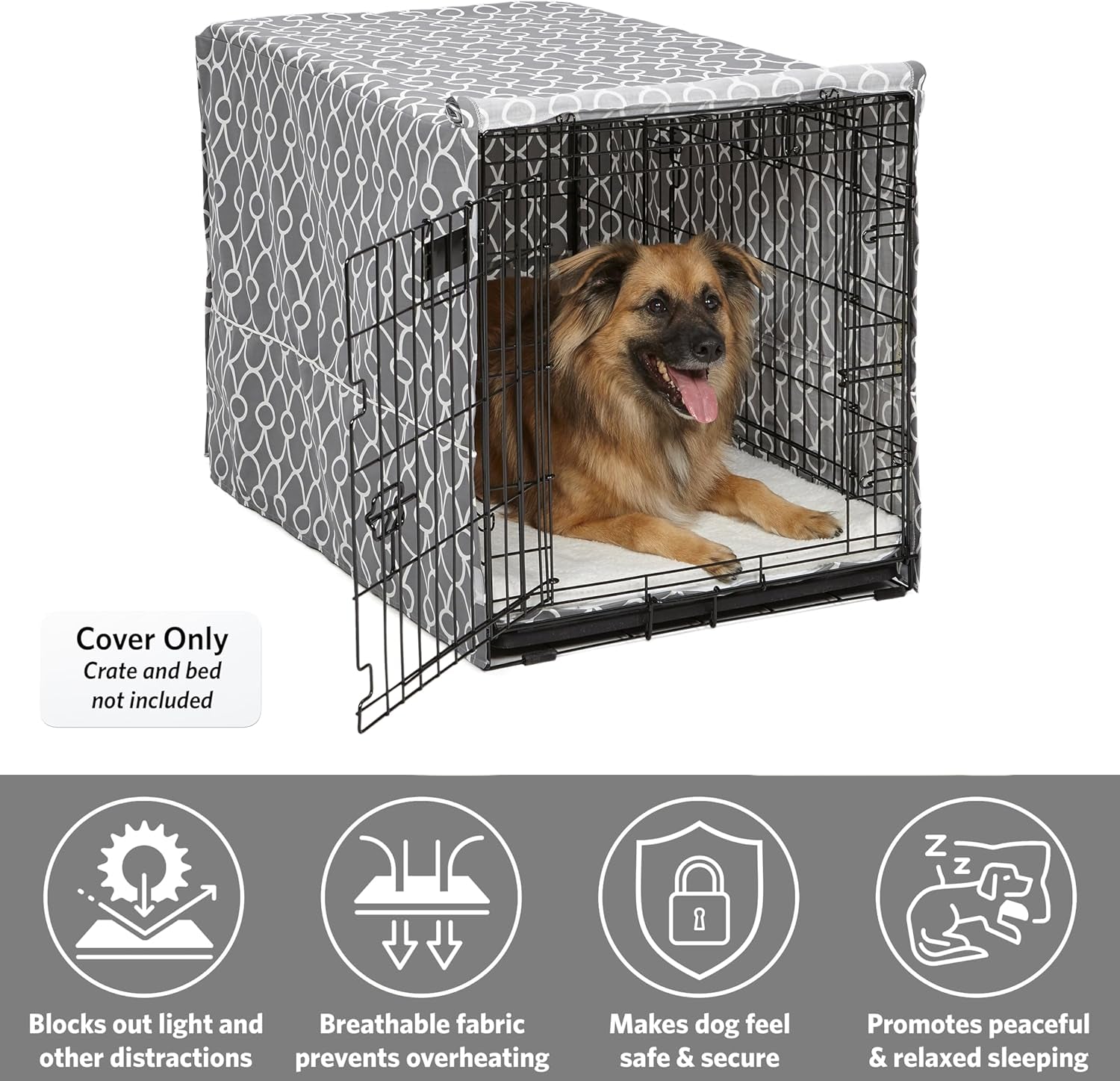 Dog Crate Cover with Teflon Fabric Protector, Poly-Cotton Privacy Kennel Cover Fits Most 36-Inch Crates, Gray Designer Print, Washable, Reduces Barking