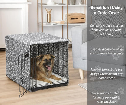 Dog Crate Cover with Teflon Fabric Protector, Poly-Cotton Privacy Kennel Cover Fits Most 36-Inch Crates, Gray Designer Print, Washable, Reduces Barking